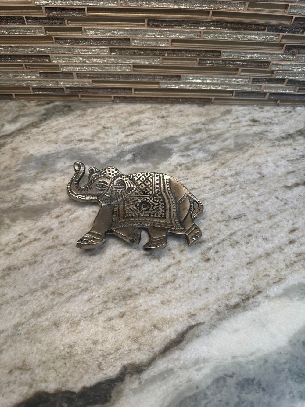 Pewter Tone Metal Elephant Figurine Engraved Trunk Up Small Statue Home Decor